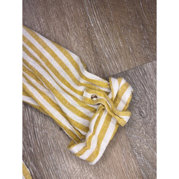 Anne Klein Womens Mustard & White Striped Button-Up Linen Shirt PL Roll-Tab Slee - Picture 3 of 6